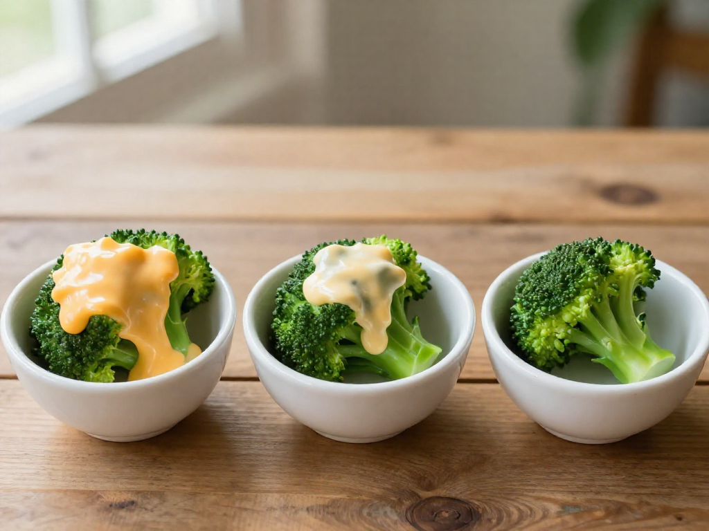 Three small white bowls containing broccoli with different amounts of cheese sauce, from heavily coated to plain, on a wooden table.