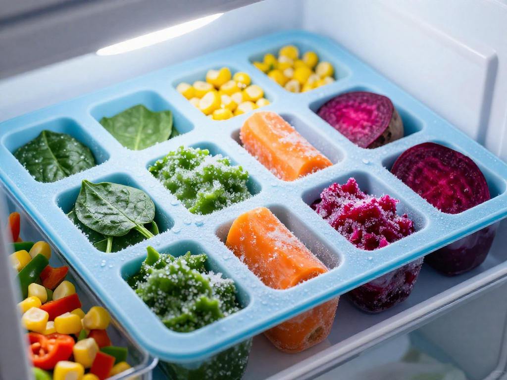 Ice cube tray with frozen single-ingredient purees and chopped vegetables in bright colors inside a freezer.