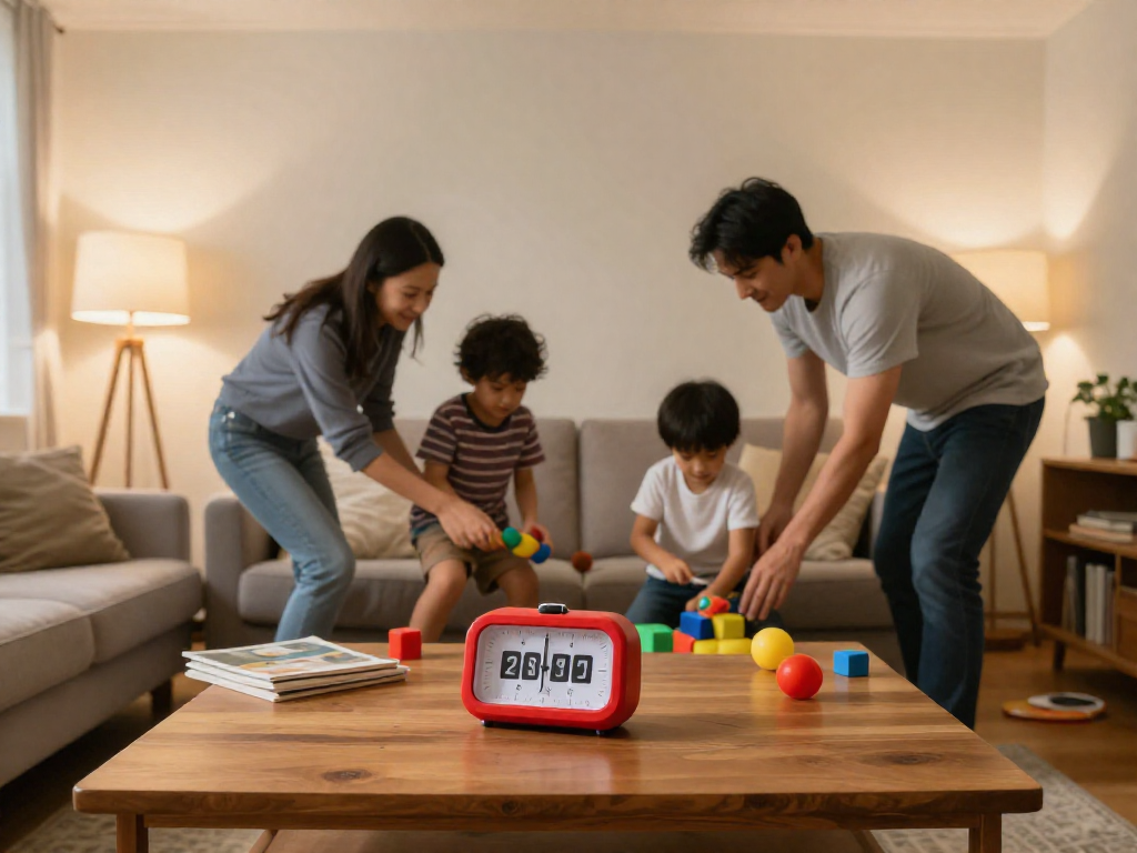 A family of four tidying a living room together, with an analog kitchen timer on the coffee table in the foreground.