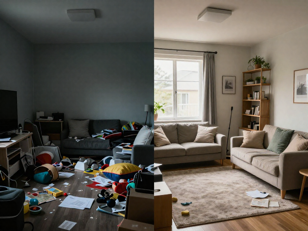 A living room split vertically in half, showing a cluttered, messy left side and a clean, tidy right side after a 30-minute cleanup.