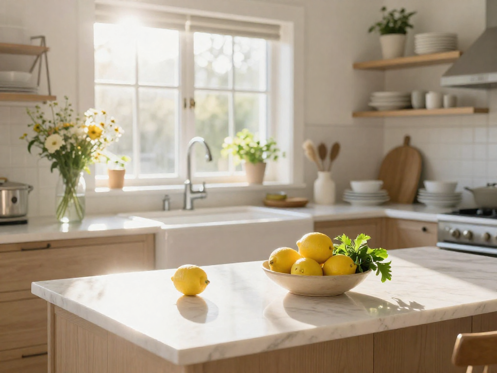 A spotless kitchen washed in morning sunlight with a bowl of fresh fruit on the counter and a vase of flowers.