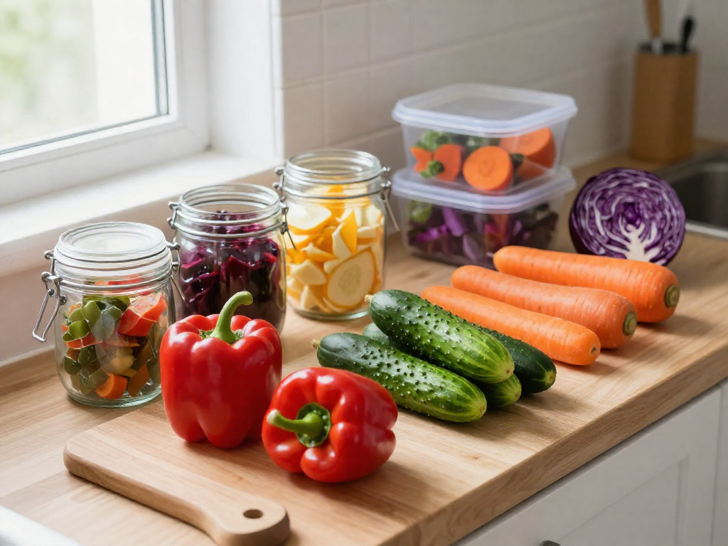 A clean kitchen countertop with chopped vegetables, jars, and containers organized for no-cook meal assembly.
