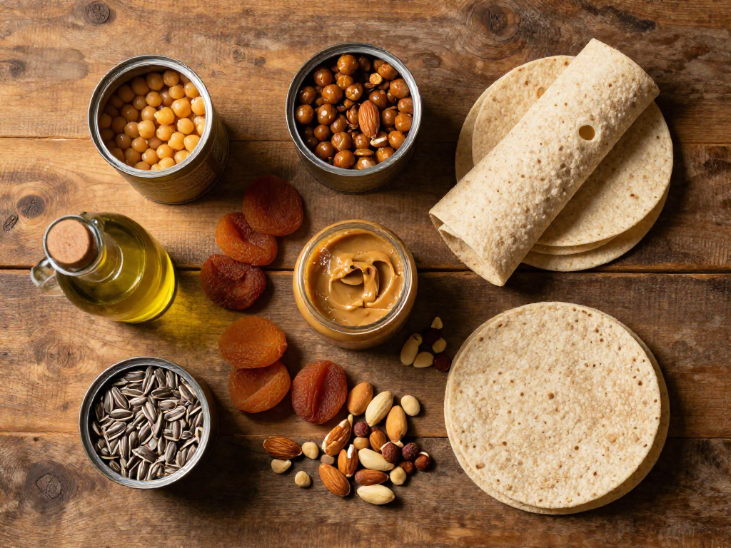 A top-down view of a wooden table laid out with canned goods, nuts, seeds, wraps, and jars as no-cook pantry staples.