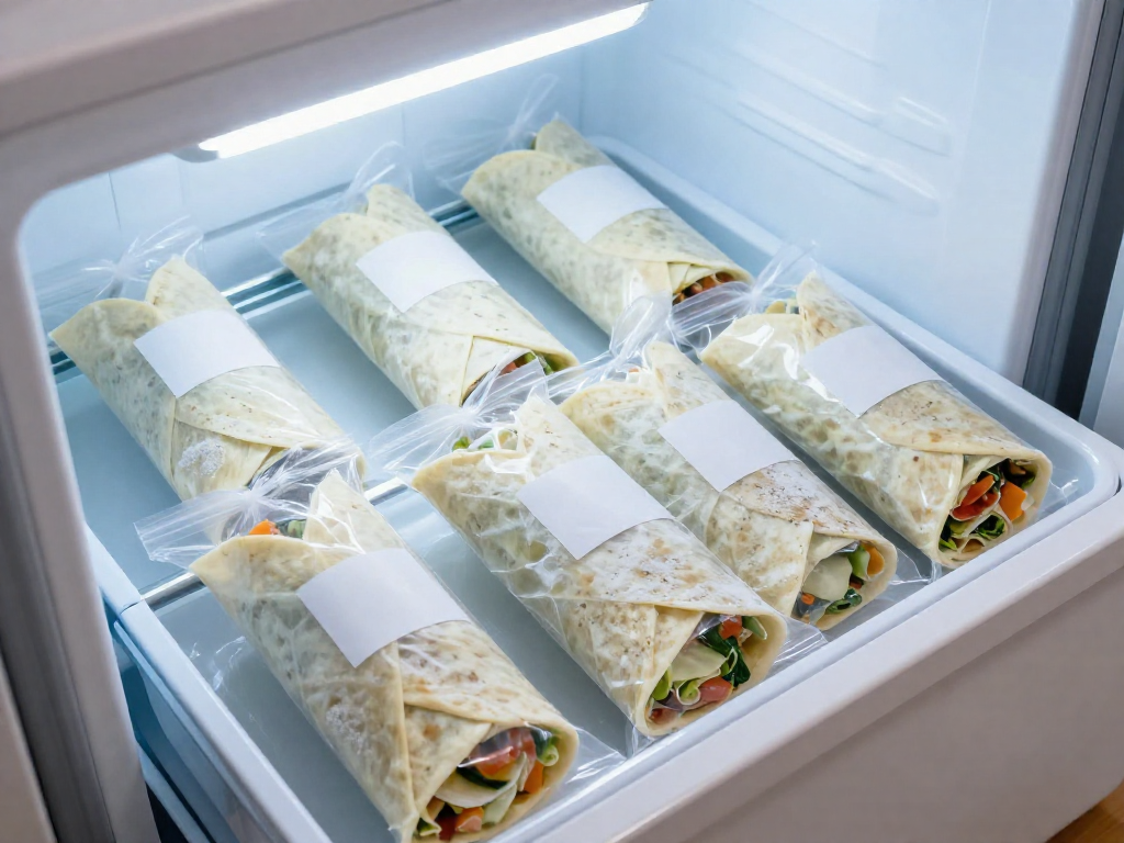 A freezer drawer filled with wrapped no-cook burritos, organized and labeled for easy meal prep.