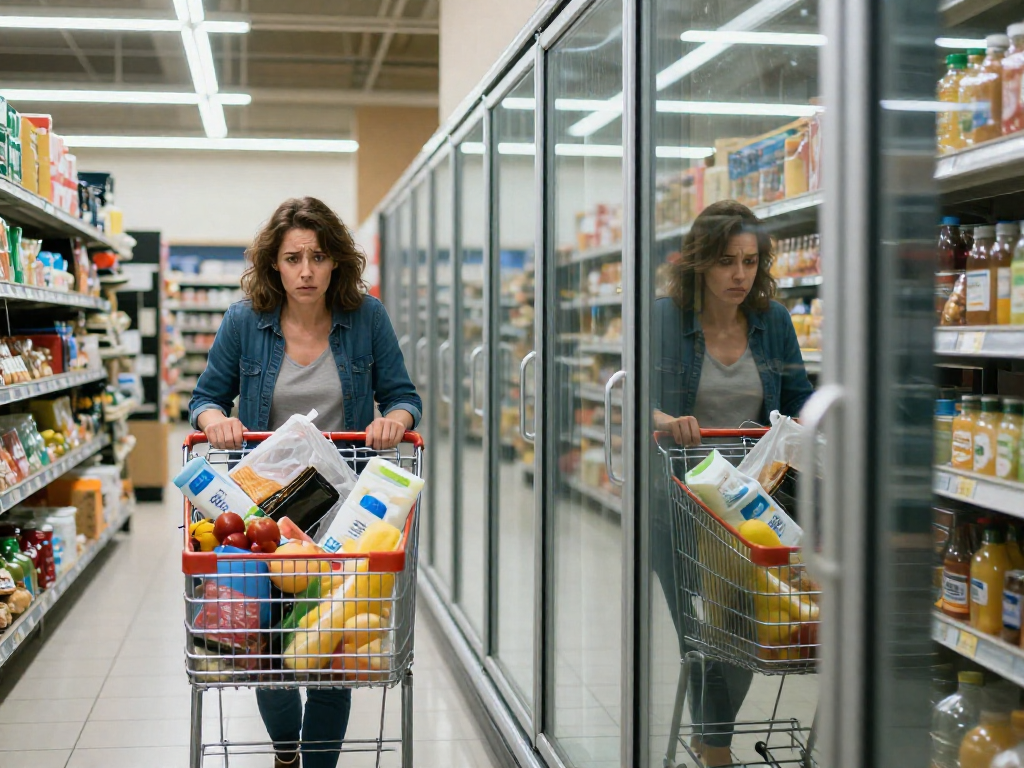 A stressed parent with an overflowing shopping cart reflected in a freezer door, where the same parent appears composed and carrying a small basket, symbolizing the gap between perceived and actual workload.