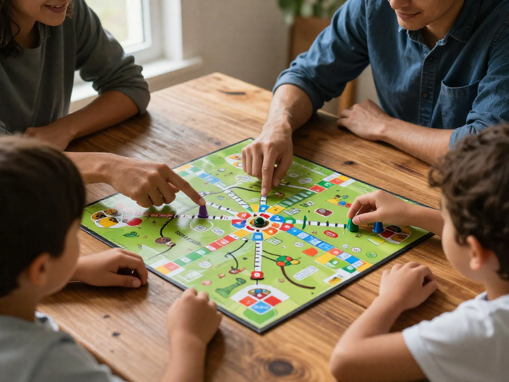 A family's hands over a colorful board game map, pointing at branching paths as if planning a route, representing a decision about errand strategy.
