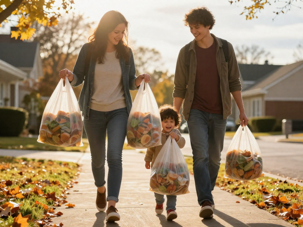 A parent carrying many grocery bags while a smiling child walks alongside holding one small bag, illustrating a tag-team errand alternative.