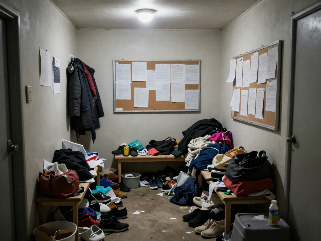 A messy residential entryway with shoes, coats, and bags strewn across the floor and a bench, under a dim light.