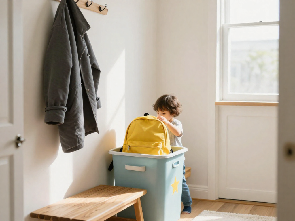 A child places a yellow backpack into a colorful storage bin in a neat, sunlit entryway with hooks and a bench.