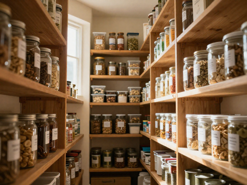 A neatly organized pantry with glass jars and labeled containers on wooden shelves, illuminated by natural light.