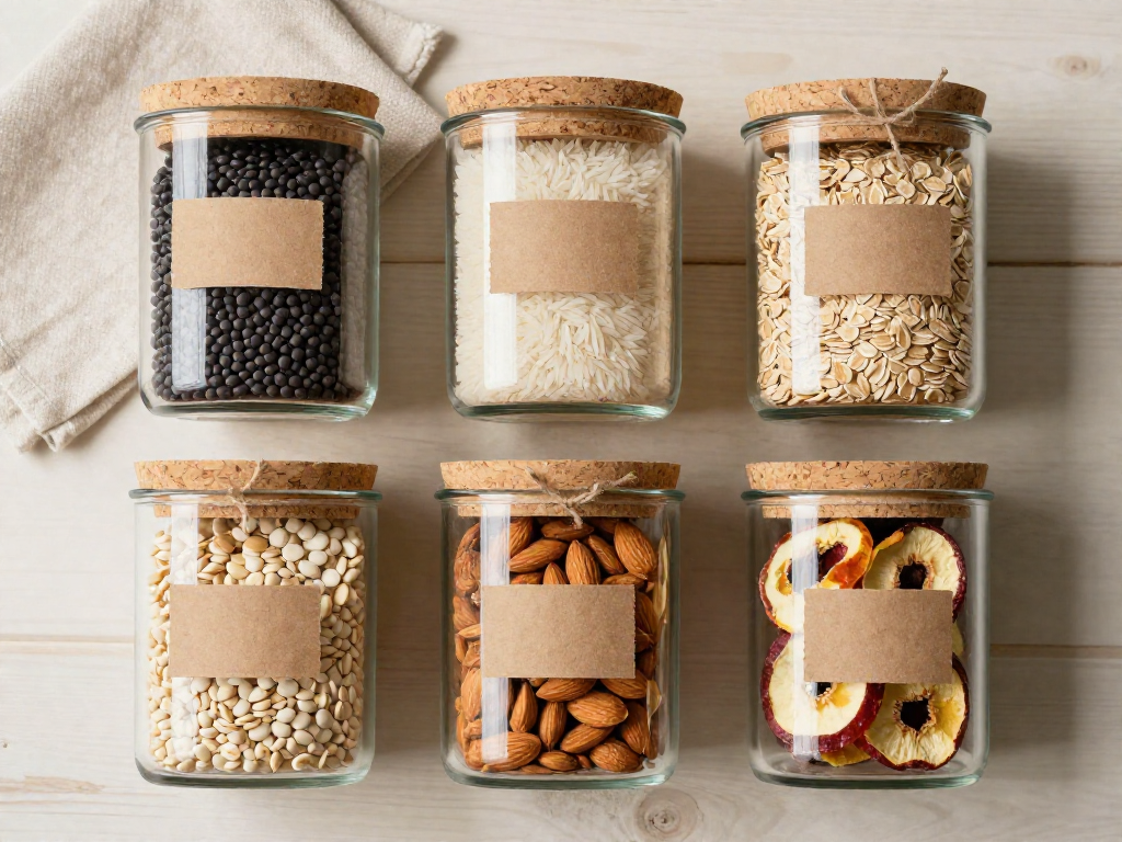 Glass containers with lentils, rice, oats, almonds, and dried fruit on a wooden table, seen from above.