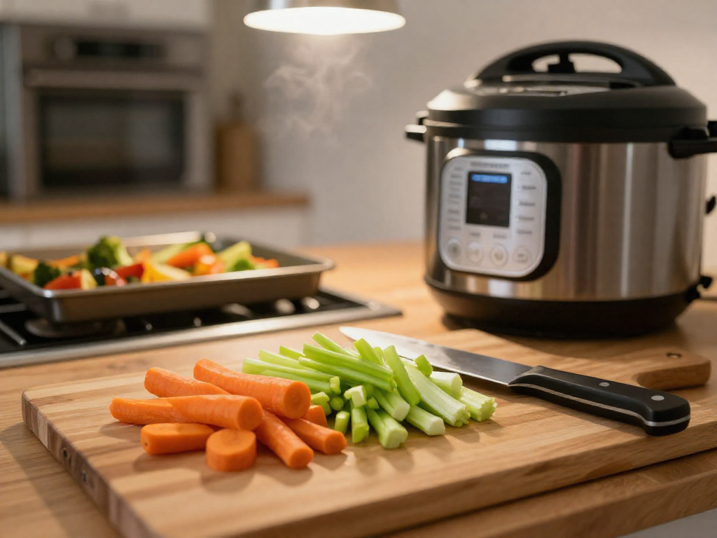 A kitchen counter with a cutting board of chopped vegetables, an Instant Pot, and an oven with roasted vegetables.