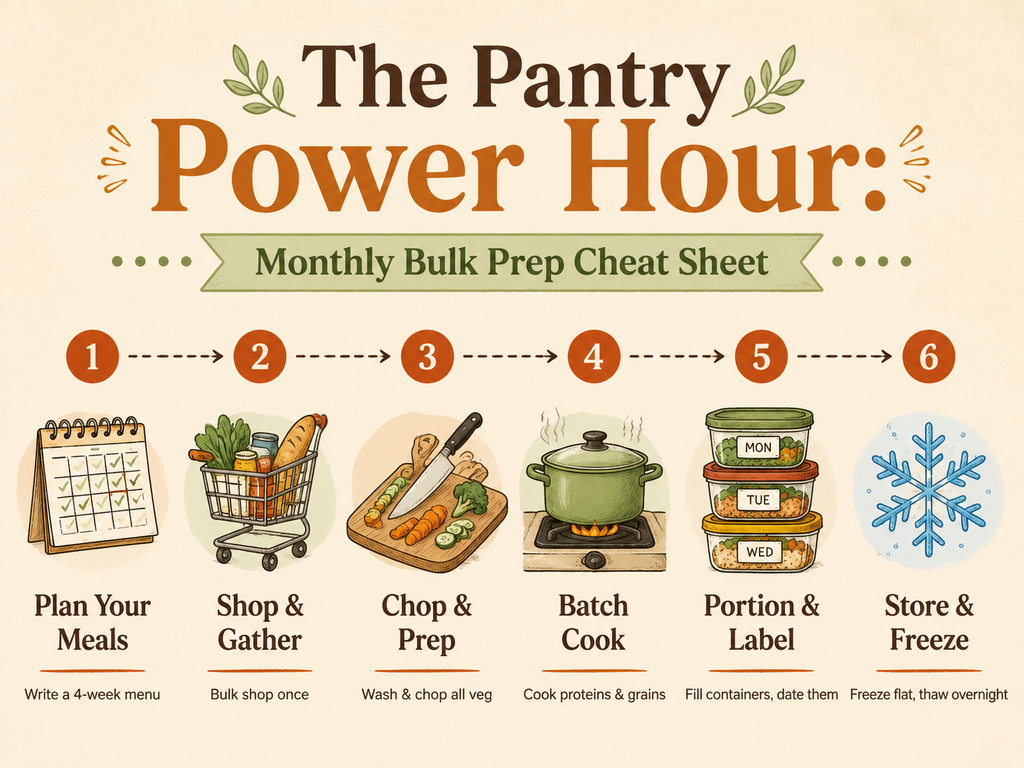 Infographic titled 'The Pantry Power Hour: Monthly Bulk Prep Cheat Sheet' showing a 6-step flow: Plan Your Meals (calendar icon), Shop & Gather (cart icon), Chop & Prep (knife icon), Batch Cook (pot icon), Portion & Label (containers icon), Store & Freeze (snowflake icon). Each step includes a practical tip.