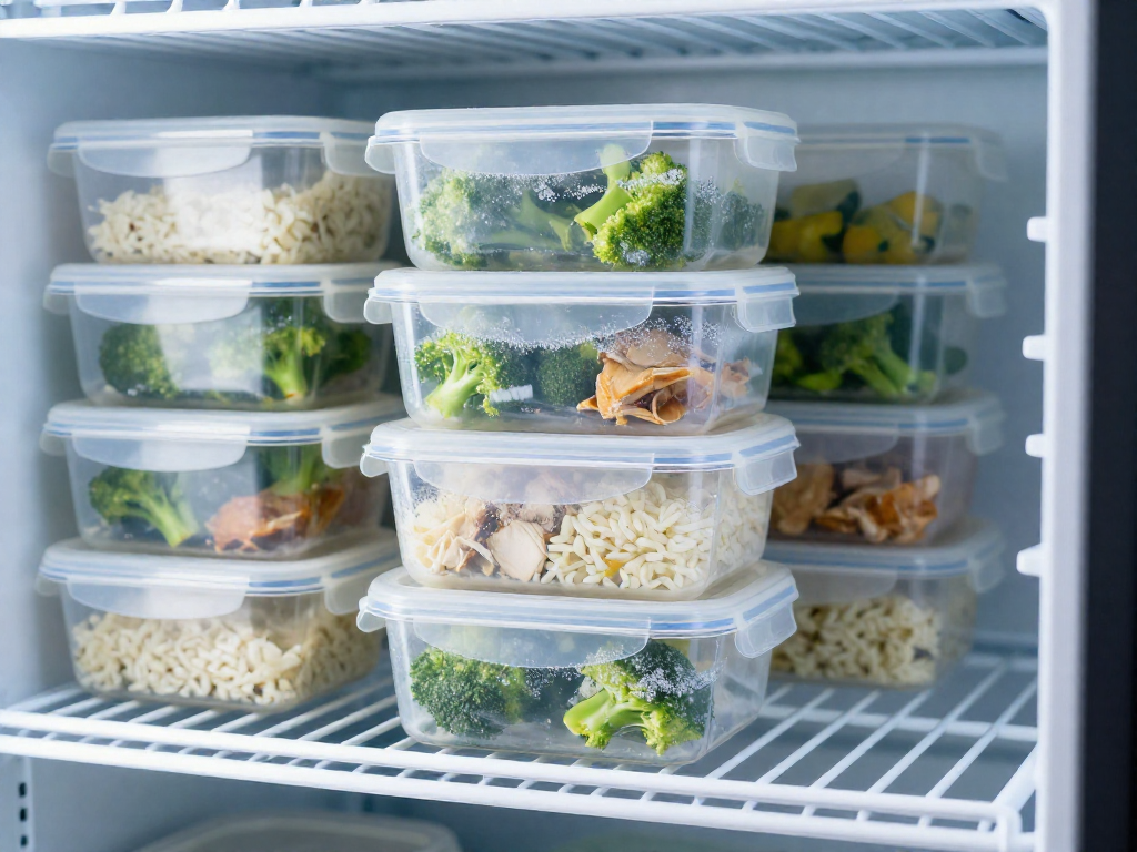 Stacked meal prep containers in a freezer, organized and labeled with colored lids.