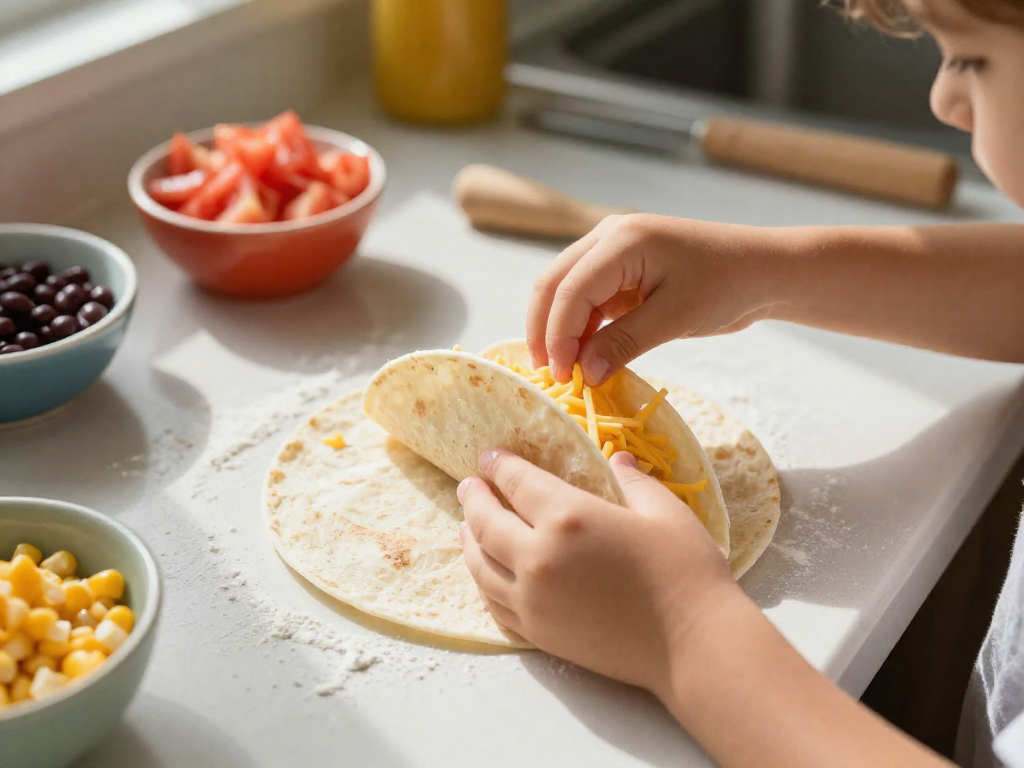 A child's hands assembling a taco with various colorful toppings.