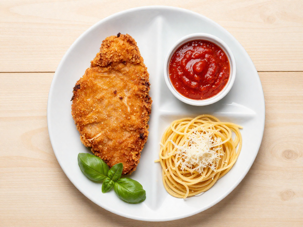 Deconstructed chicken parmesan served in separate sections on a divided plate.