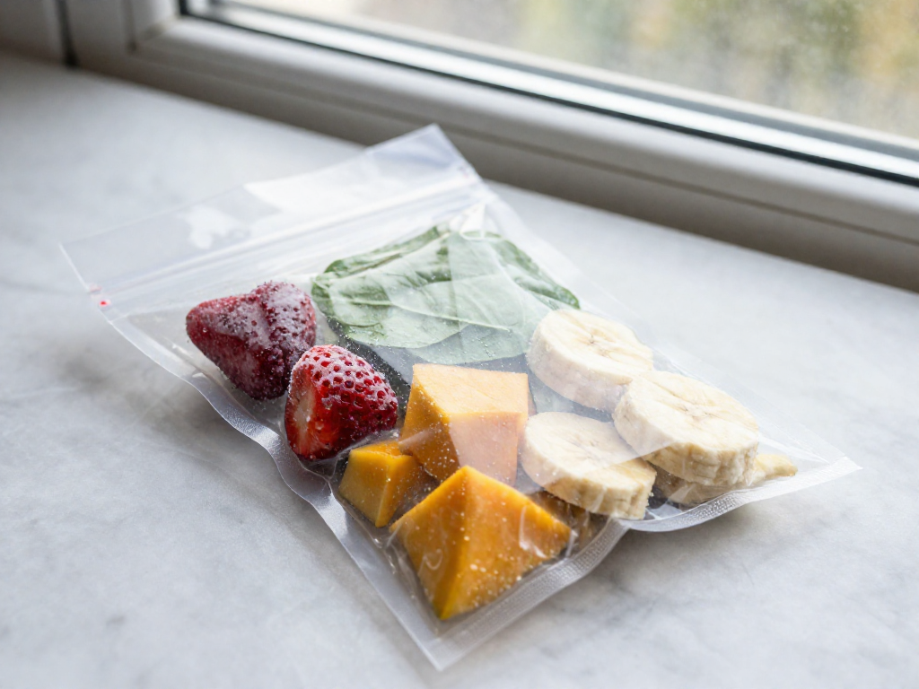 Smoothie packs with frozen fruit and greens in a clear freezer bag.
