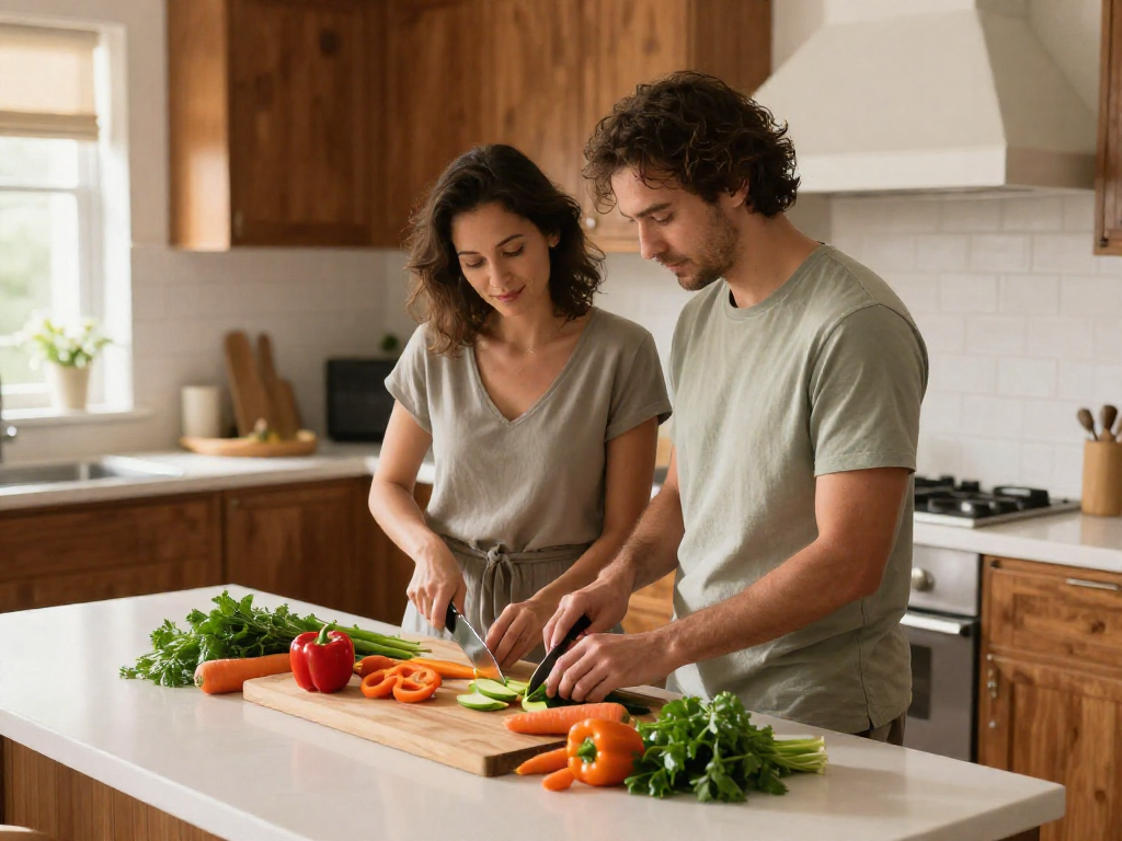 A couple stands at a kitchen island prepping fresh vegetables together with cutting boards and colorful produce.