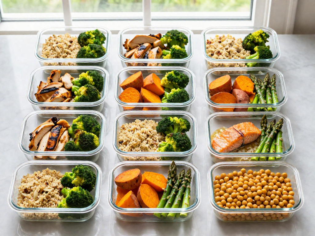 Glass containers filled with varied healthy meals like chicken, salmon, and vegetables arranged on a counter.