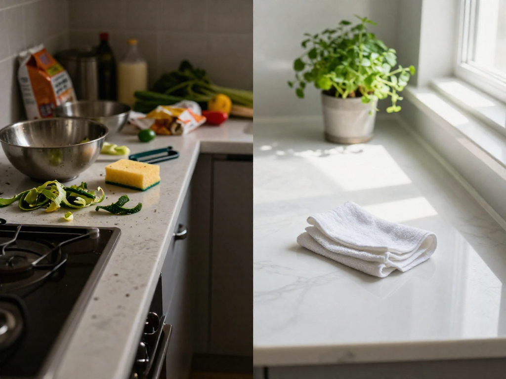 A split image showing a messy kitchen counter with dirty dishes on the left and the same counter clean and organized on the right.
