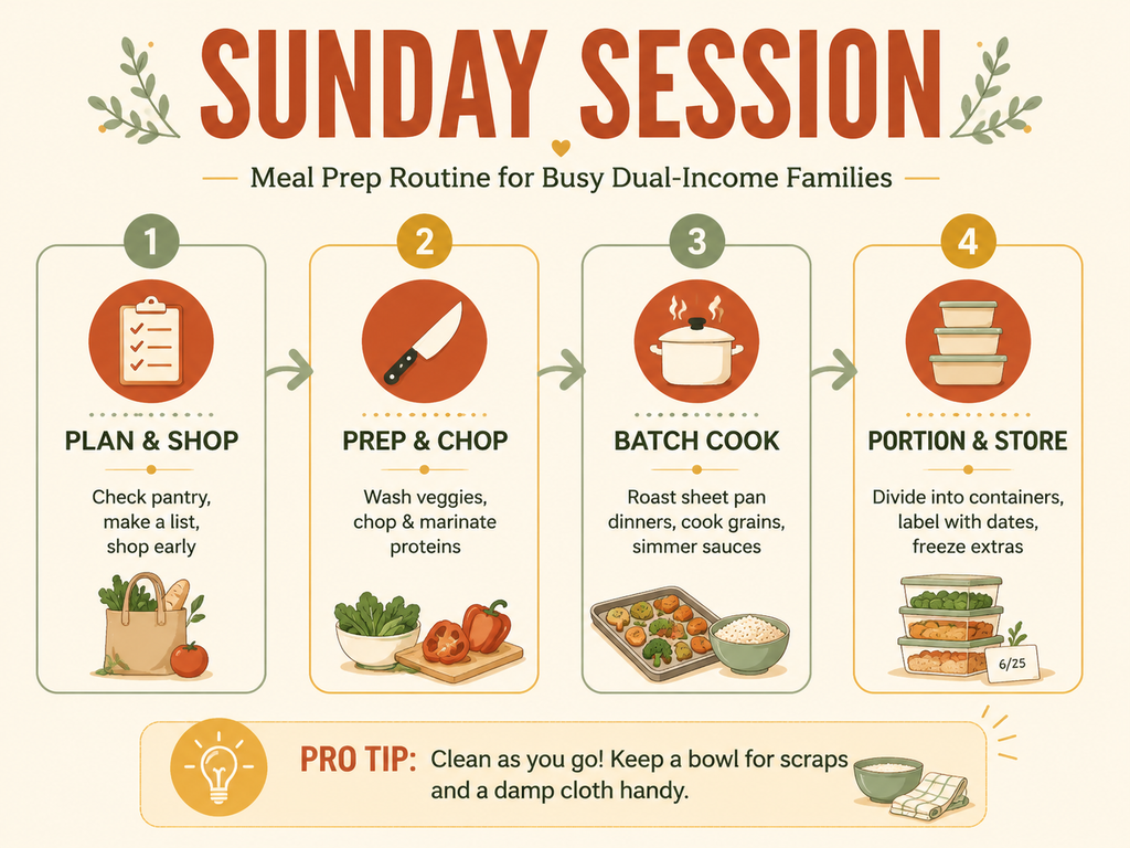 A four-step Sunday meal prep infographic for busy dual-income families. Steps include Plan & Shop, Prep & Chop, Batch Cook, and Portion & Store, each with icons and brief instructions. A tip box recommends cleaning as you go. Warm and inviting home-kitchen aesthetic.