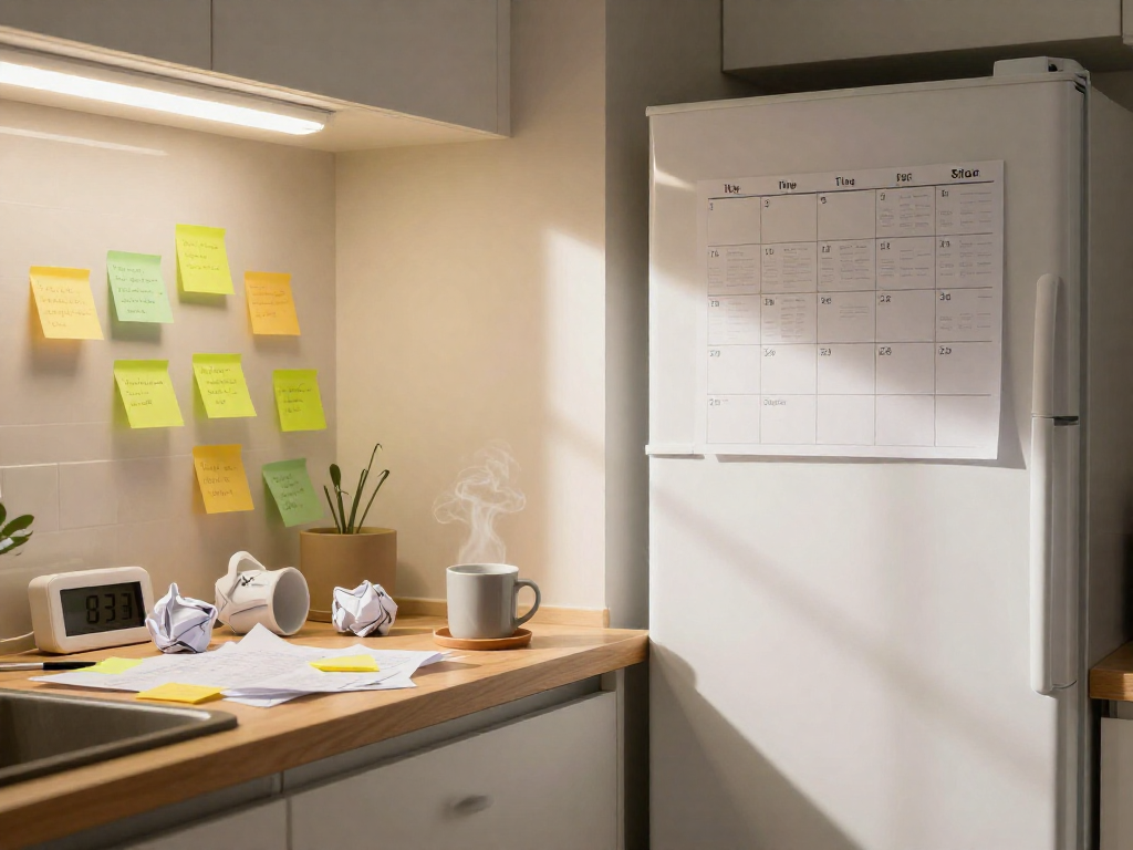 A kitchen counter visually divided between a cluttered, messy side and a clean, organized side with a fridge chart.