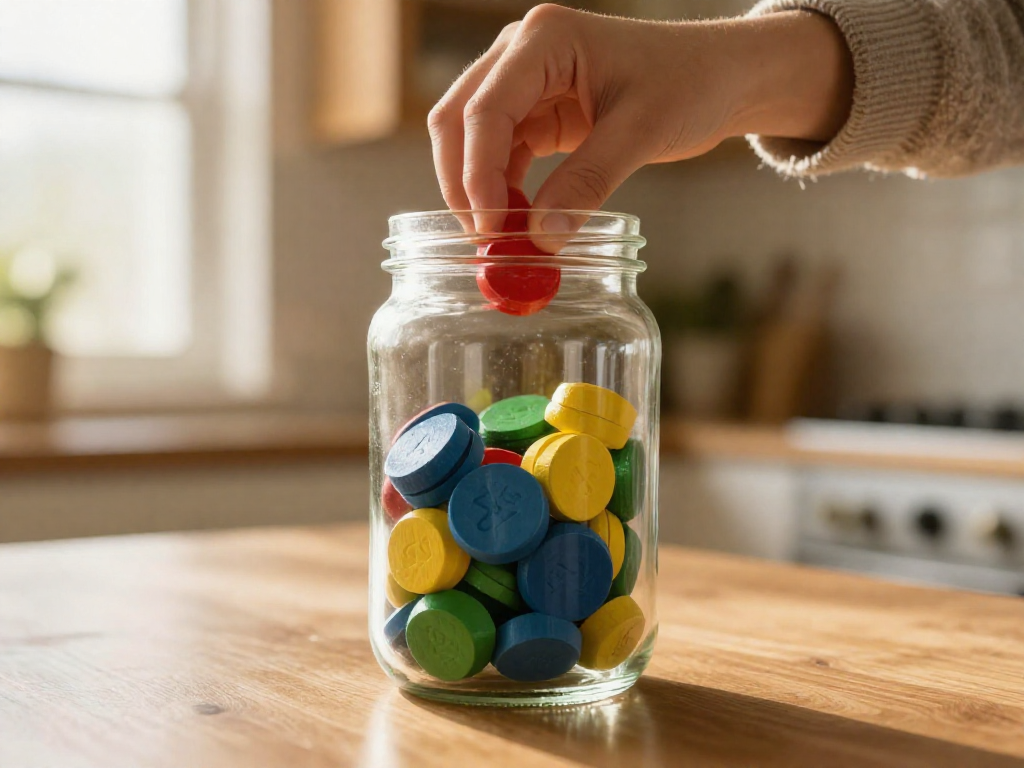 A glass jar filled with colorful wooden tokens, with a hand adding a red one, against a blurred kitchen background.