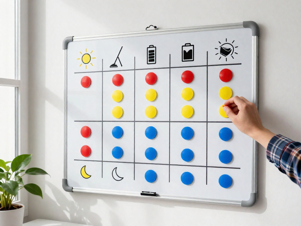 A whiteboard with a color-coded magnetic chart using symbols to represent chore energy levels across the week, with a hand placing a magnet.