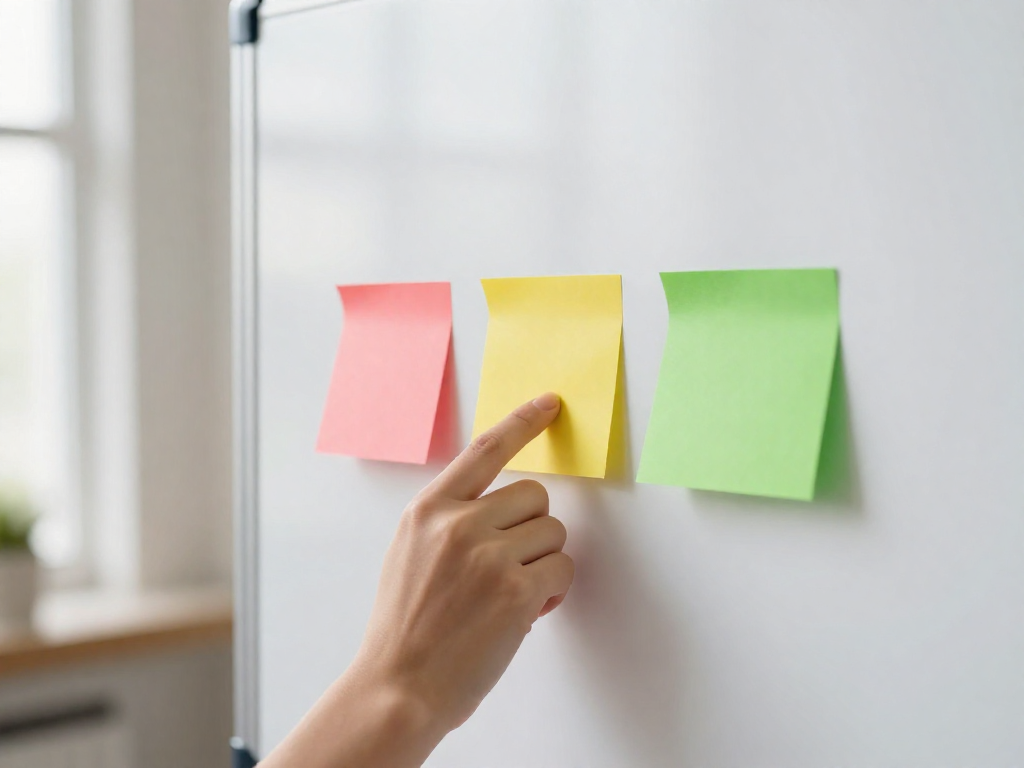 A hand near three colored sticky notes on a whiteboard, symbolizing a decision point.