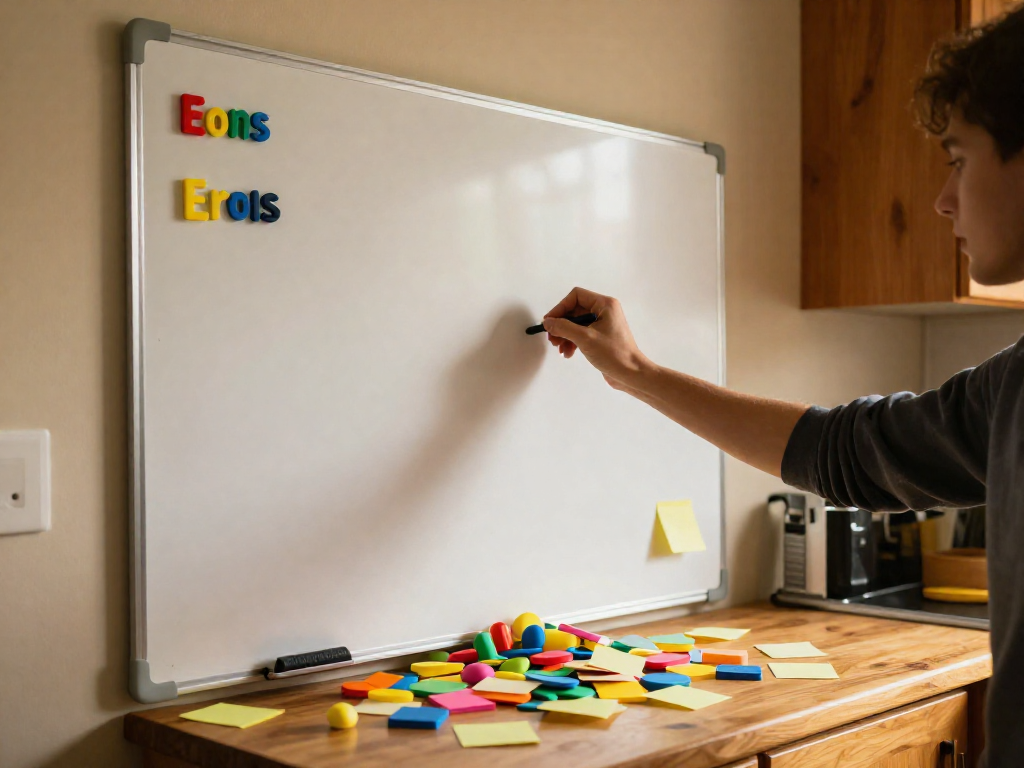 A kitchen whiteboard with a simplified set of magnets, as a hand erases the board, symbolizing reducing an errand list.