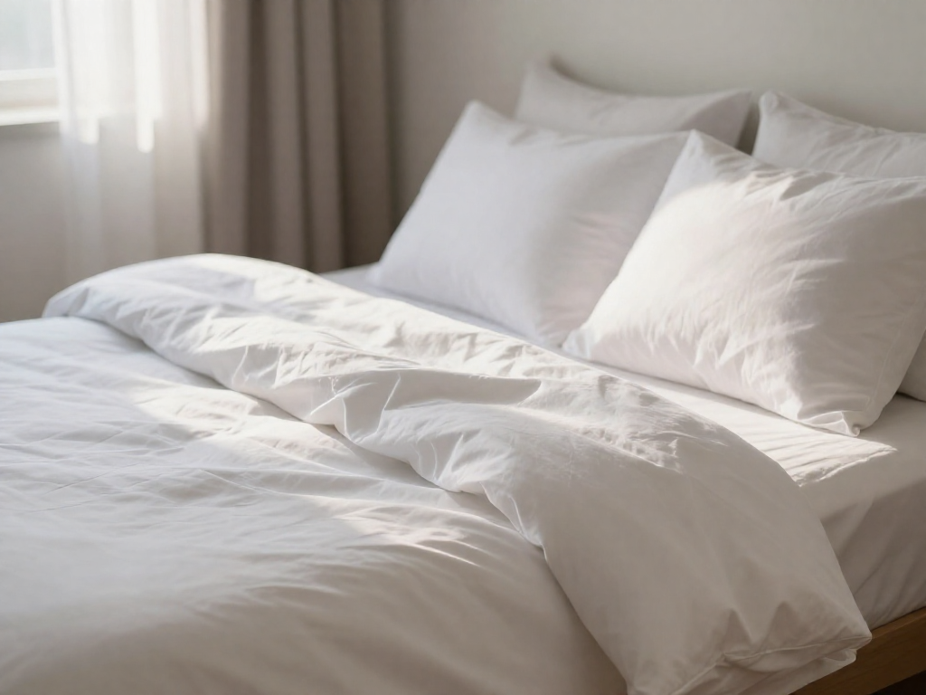 A neatly made bed with white sheets and pillows, bathed in soft morning light, viewed from the foot of the bed.