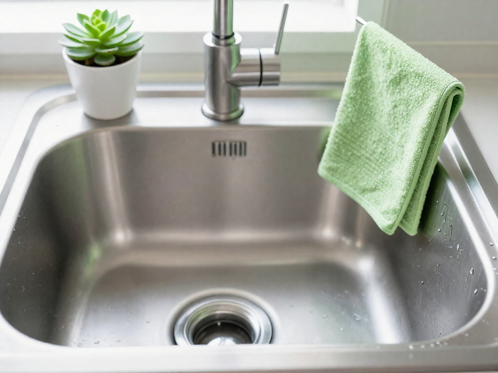 A clean, empty stainless steel kitchen sink with a water droplet on the rim and a small succulent plant beside it, in a bright kitchen.