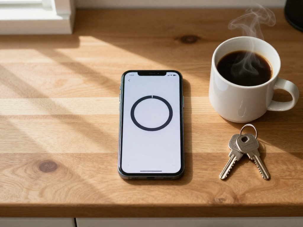 A smartphone lying on a kitchen counter with a timer app open, next to a mug of coffee, in warm afternoon light.