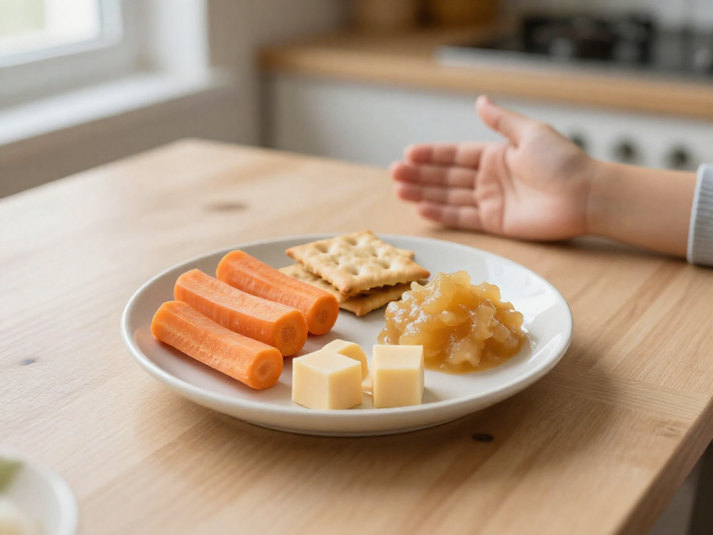 A children's plate with carrot sticks, crackers, applesauce, and cheese cubes on a wooden table.