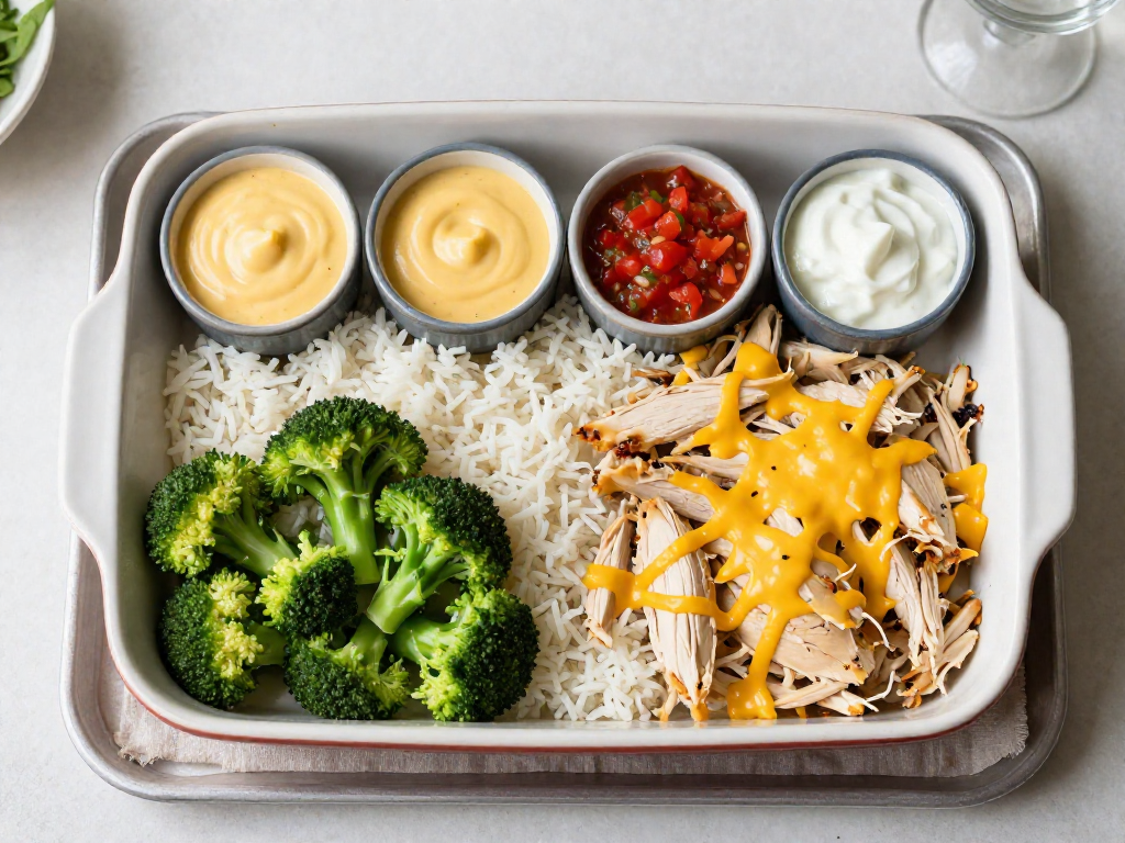 A baking dish with separate piles of shredded chicken, rice, and broccoli, alongside small bowls of cheese sauce, salsa, and ranch dip.