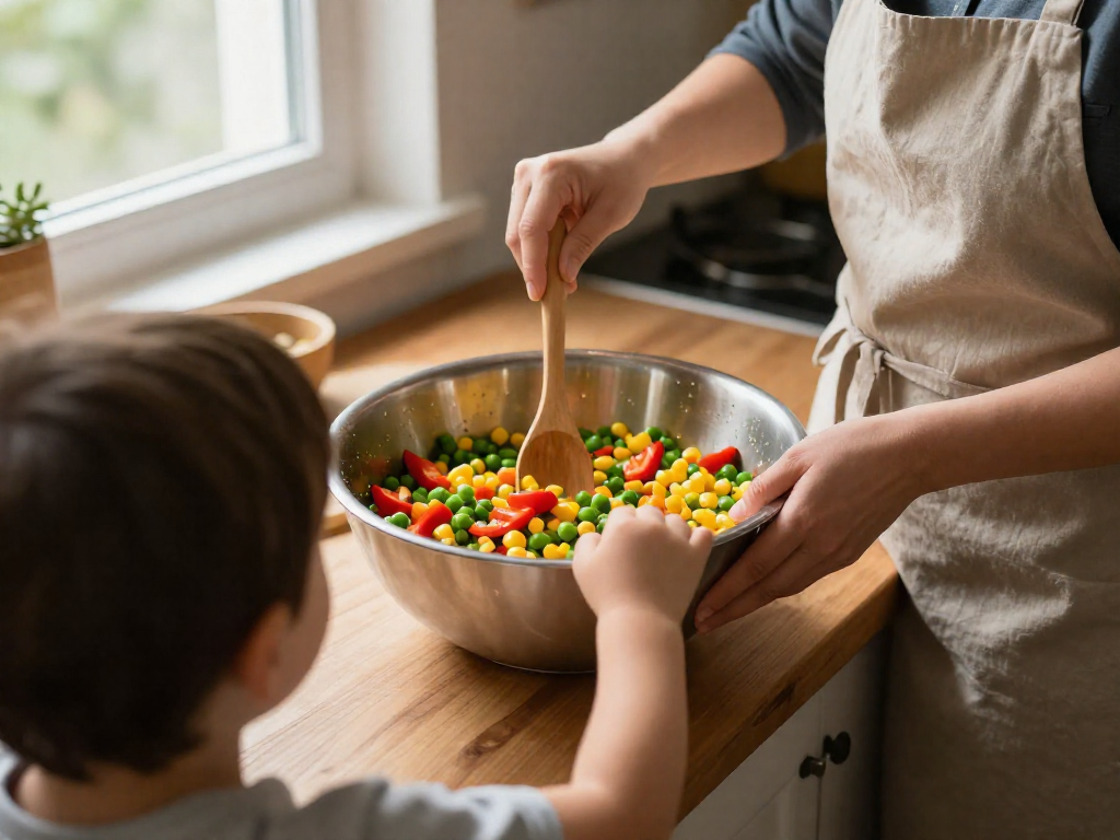A child using a wooden spoon to stir a bowl of colorful chopped vegetables, with a parent's hand guiding them.