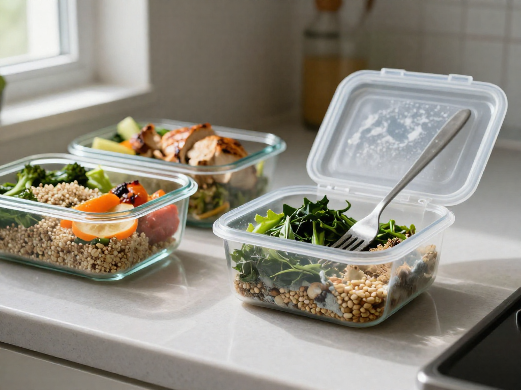 One side of a counter with neat meal-prep containers holding fresh food; the other side with a spoiled, moldy container.