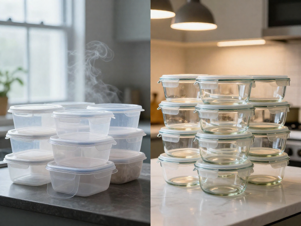 Improperly stored food containers with cloudy lids next to properly stored glass containers with clear lids.