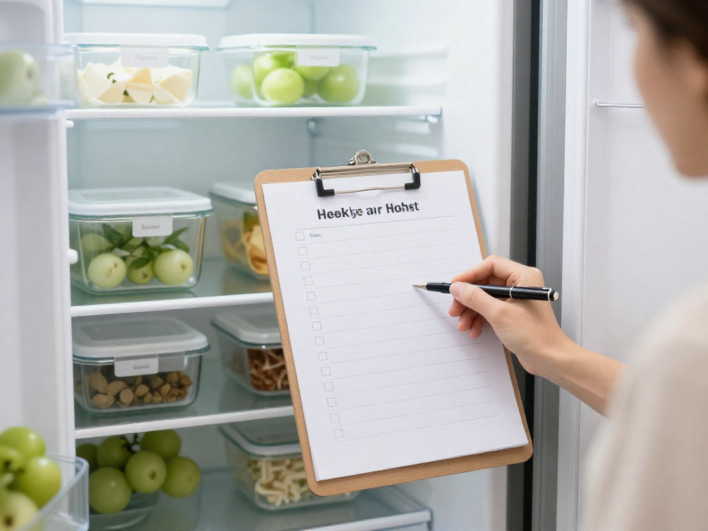A person's hand holding a pen over a blank checklist on a fridge door, with organized meal containers visible inside.