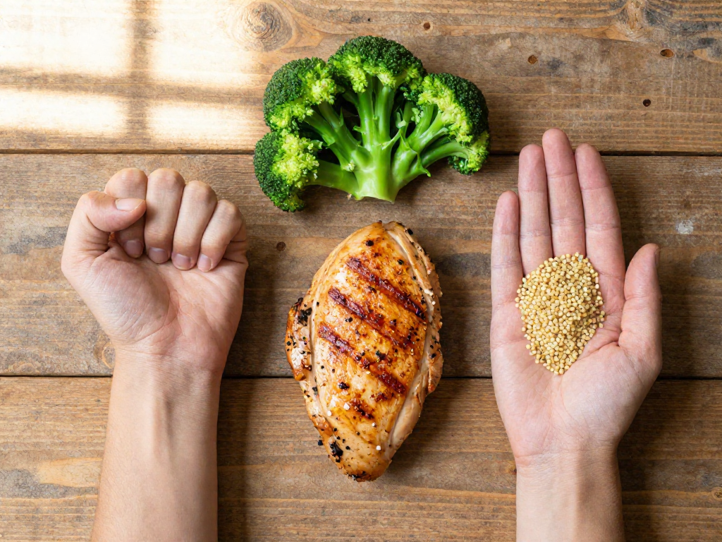 A top-down view of a hand showing portion sizes: fist with broccoli, palm with chicken, cupped hand with quinoa.