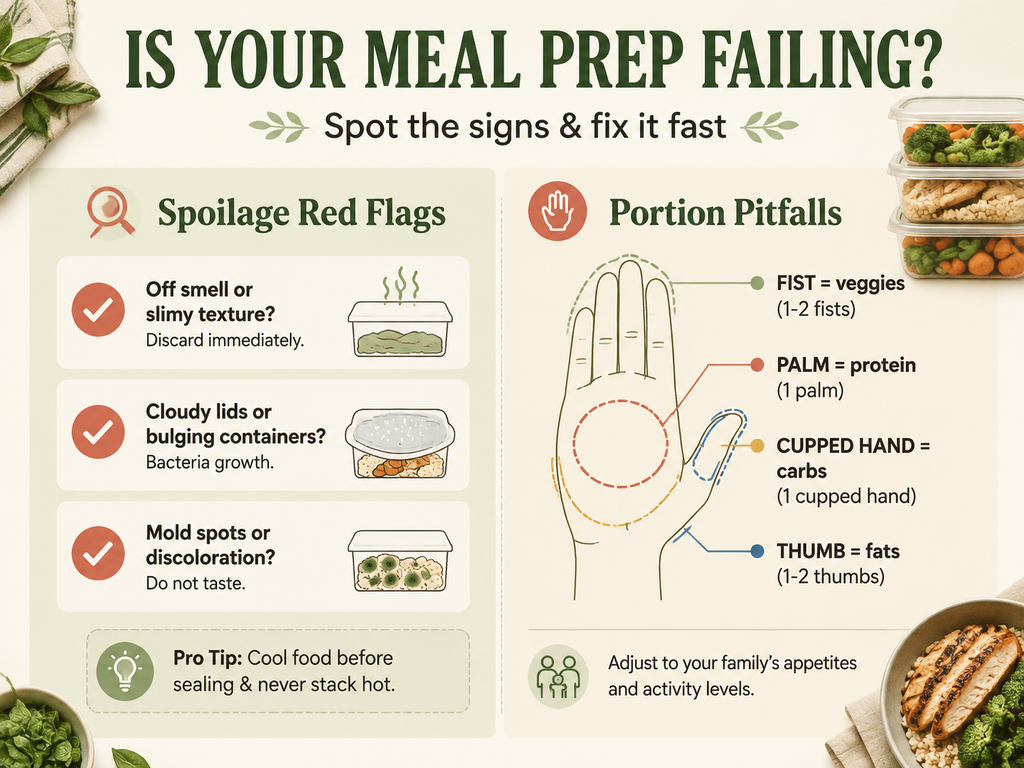 Infographic titled 'Is Your Meal Prep Failing?' Two sections: 'Spoilage Red Flags' lists three signs—off smell or slimy texture, cloudy lids or bulging containers, mold spots or discoloration—and a tip to cool food before sealing. 'Portion Pitfalls' shows a hand chart with fist (veggies), palm (protein), cupped hand (carbs), and thumb (fats) to guide portion sizes.