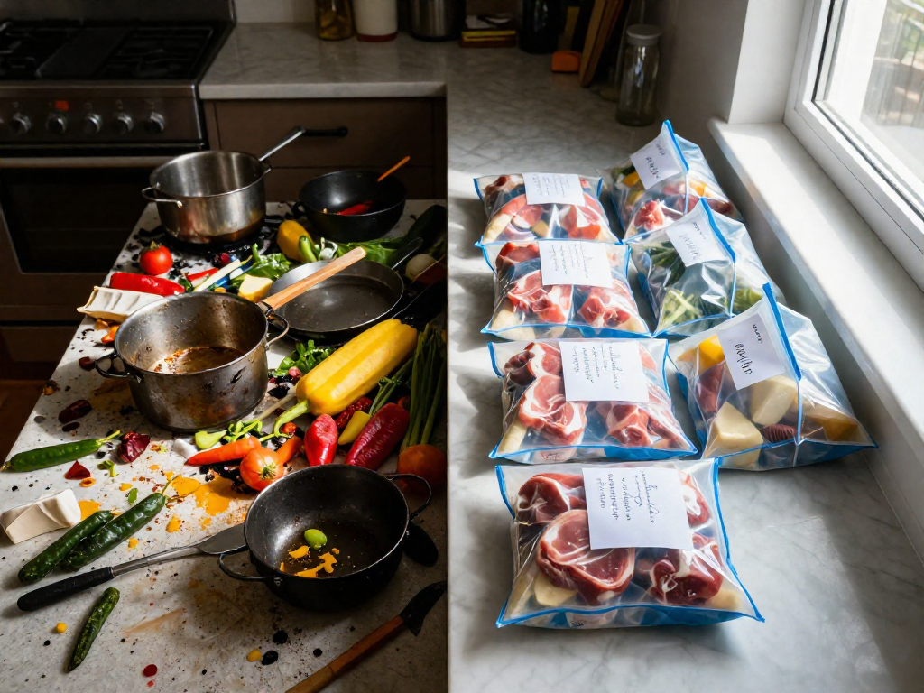 A kitchen counter split into two halves: the left side is messy with used pots and ingredients; the right side is clean with neatly arranged labeled freezer bags.