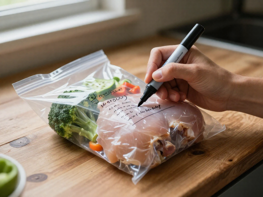 A hand writes cooking instructions on a freezer bag filled with chicken and vegetables, resting on a wooden counter.
