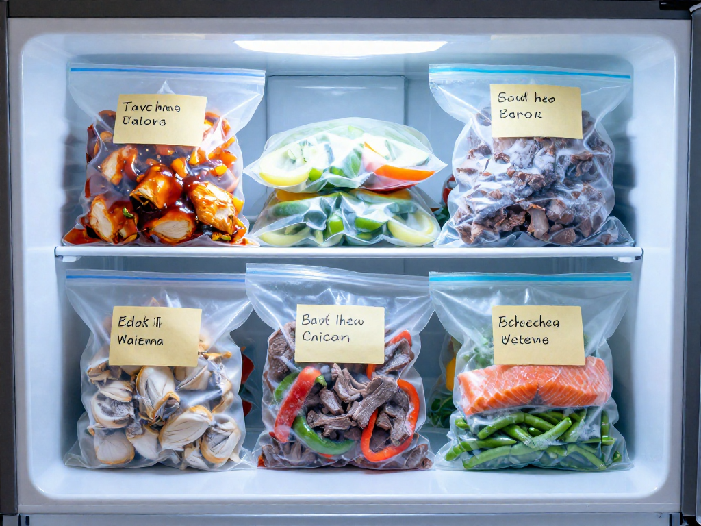 An open freezer drawer packed with stacked, labeled freezer bags containing prepared meals.