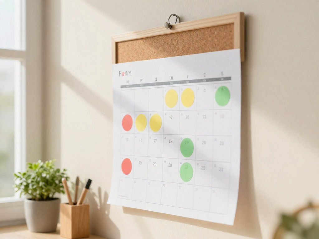 A wall calendar with color-coded dots representing family members' energy levels for the week.