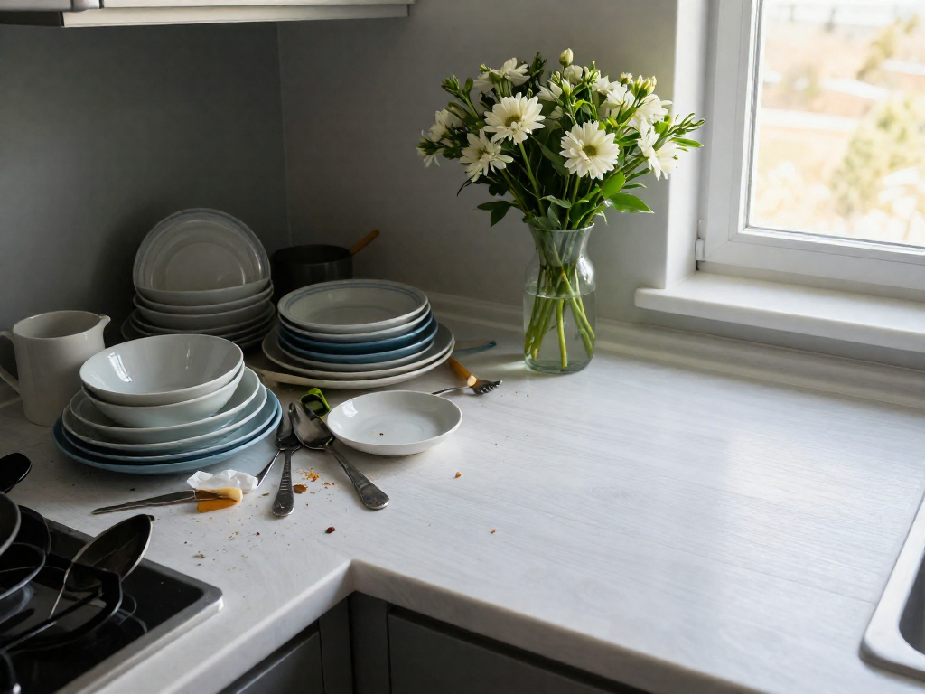 A before-and-after photo showing a messy kitchen counter transformed into a clean, organized space.