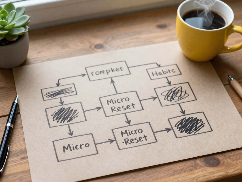 A hand-drawn flowchart on paper illustrating micro-reset steps, with a coffee cup and plant on a desk.
