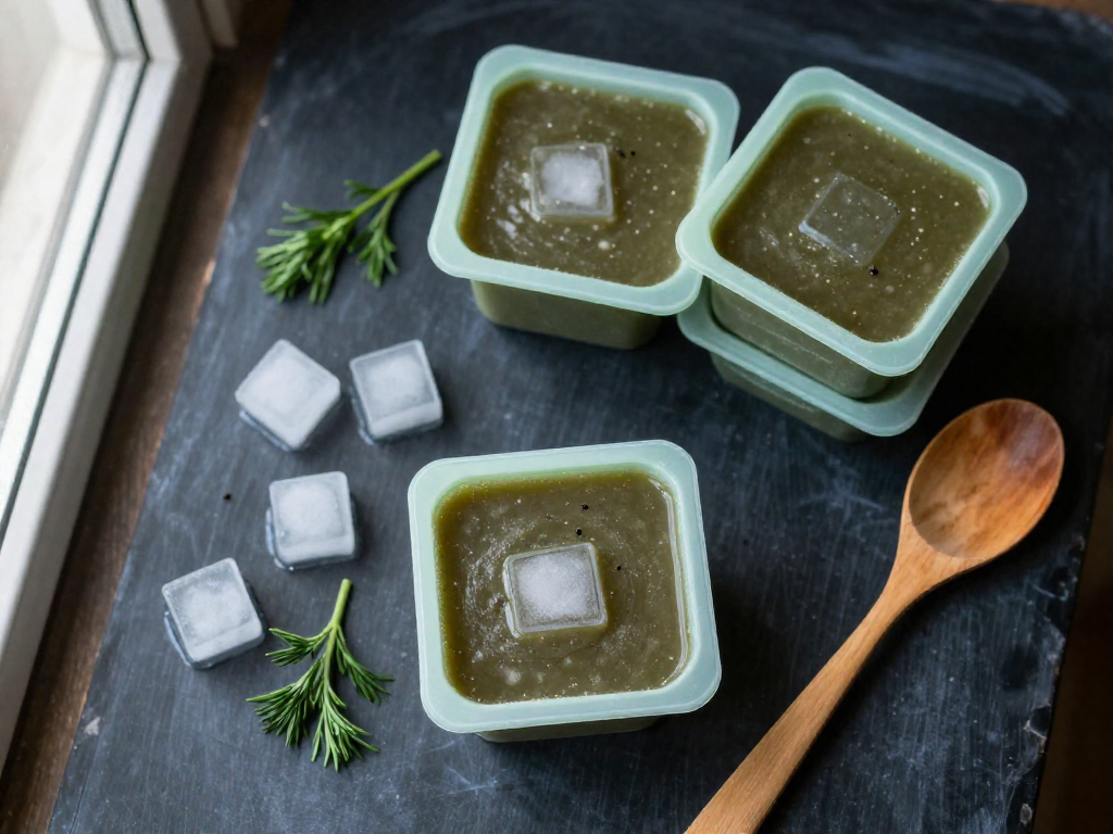 Frozen soup portions in silicone molds arranged on a dark chalkboard surface.