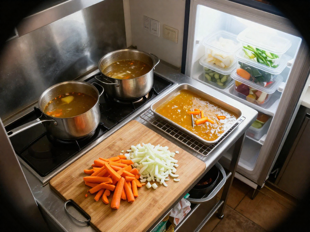 Overhead view of a kitchen counter with chopping board, pots on stove, cooling soup, and open freezer showing meal prep stages.