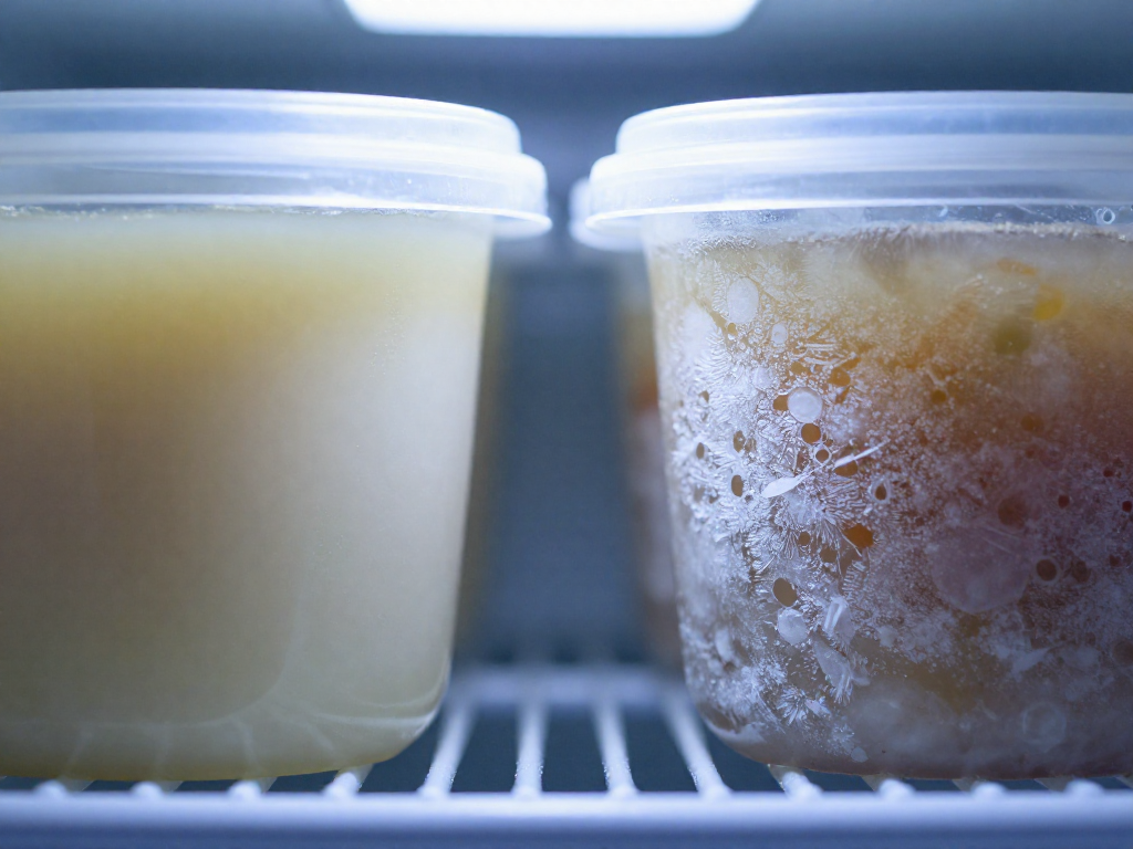 Two containers of soup side by side: one with smooth surface, the other with ice crystals and freezer burn.